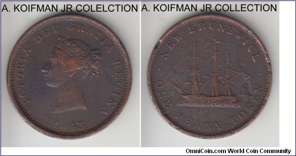 KM-2, 1843 New Brunswick (Canadian Maritime province) penny token; copper, plain edge; provincial token coinage, very fine details, porosity and nicks and wear.