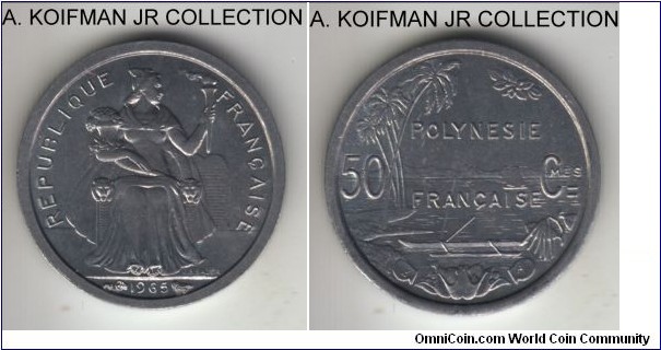 KM-1, 1965 French Polynesia 50 centimes, Paris mint; aluminum, plain edge; first, one year type, bright white uncirculated with minimal toning.