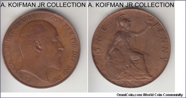 KM-794.2, 1906 Great Britain penny; bronze, plain edge; Edward VII, good extra fine to about uncirculated details, flat strike, cleaned.