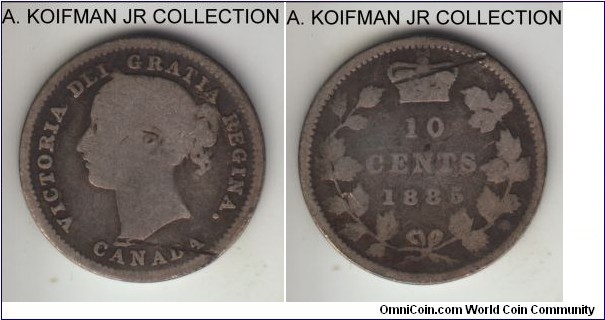 KM-3, 1885 Canada 10 cents, Royal Mint (no mint mark); silver, reeded edge; Victoria, one of the scarcer years with mintage of just 400,000, very good or almost details, attempted cut.