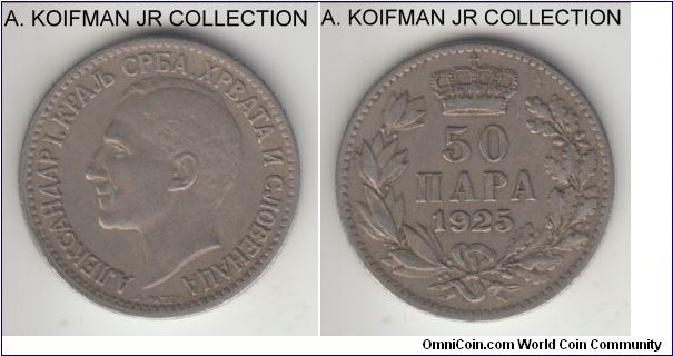 KM-4, 1925 Yugoslavia (Kingdom) 50 para, Brussels mint (no mint mark); nickel-bronze, reeded edge; Alexander I as a ruler of United Kingdom, 1-year type, at least good very fine.
