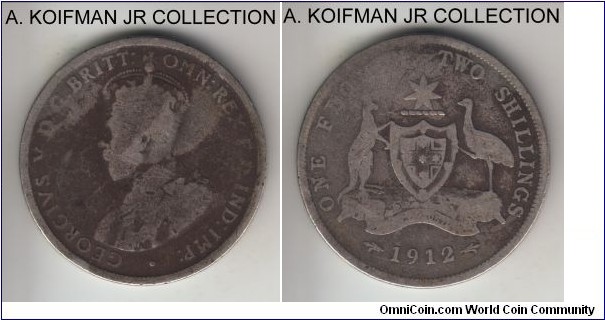 KM-27, 1912 Australia florin, Royal Mint (London, no mint mark); silver, reeded edge; early George V, well worn, good or so.