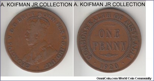 KM-23, 1920 Australia penny, Perth or Sydney mints; bronze, plain edge; George V, dot above lower scroll variety, very good or so with obverse typically worn.