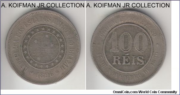 KM-492, 1896 Brazil (Republic) 100 reis; copper nickel, plain edge; first Republican type, well circulated, fine or about.