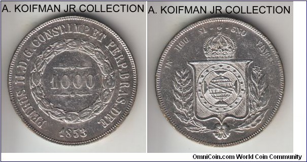 KM-465, 1853 Brazil (Empire) 1000 reis; silver, reeded edge; Pedro II, first year of the type, extra fine details, cleaned, mintage 266,000.