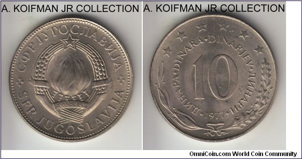 KM-62, 1977 Yugoslavia (Federal Republic) 10 dinars; copper-nickel, reeded edge; decent circulated grade.