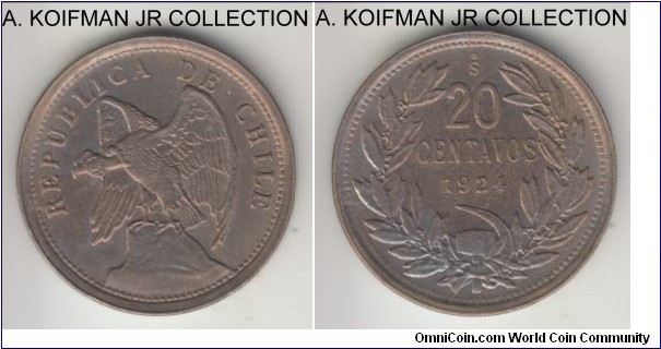 KM-167.1, 1924 Chile 20 centavos; copper-nickel, plain edge; common circulation issue, uncirculated or almost details, uneven toning, maybe from fire.