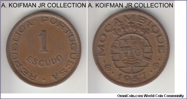 KM-82, 1957 Portuguese Mozambique (Colony) escudo; bronze, plain edge; colonial issue, brown good extra fine.