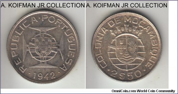 KM-68, 1942 Portuguese Mozambique (Colony) 2.5 escudos; silver, reeded edge; 4-year type, very fine to good very fine.