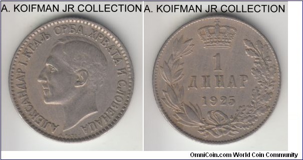 KM-5, 1925 Yugoslavia (Kingdom) dinar, Brussels mint (no mint mark); nickel-bronze, reeded edge; Alexander I as a ruler of United Kingdom, 1-year type, about extra fine, judging by the obverse.
