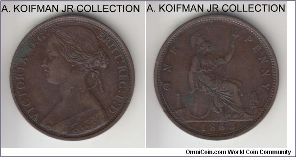 KM-749.2, 1863 Great Britain penny; bronze, plain edge; Victoria, decent very fine details, a couple of spots and digs.