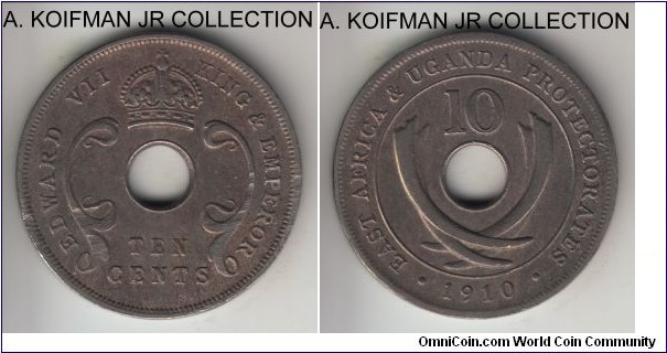 KM-2, 1910 British East Africa & Uganda 10 cents; copper-nickel, plain edge; Edward VII, scarce, good fine to very fine details, cleaned and few scrapes mostly on reverse.