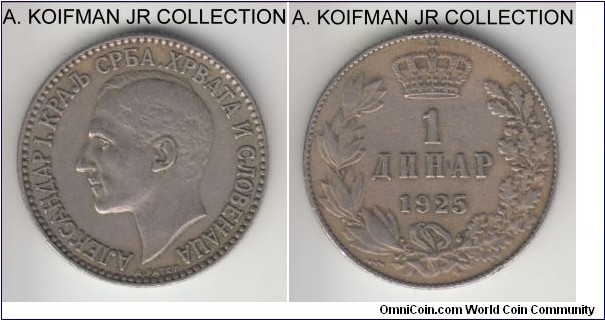 KM-5, 1925 Yugoslavia (Kingdom) dinar, Poissy (France) mint (thunderbolt mint mark); nickel-bronze, reeded edge; Alexander I as a ruler of United Kingdom, 1-year type, very fine or so.