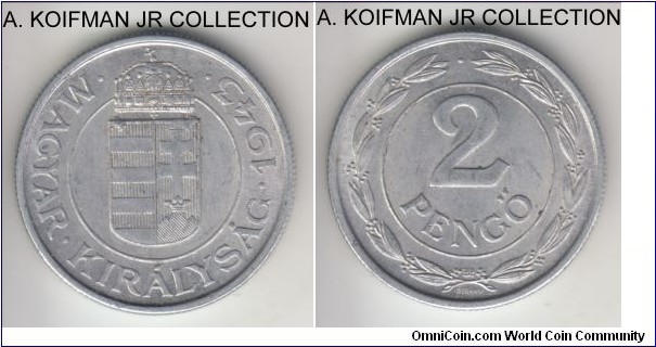 KM-522.1, 1943 Hungary 2 pengo; aluminum, reeded edge; war time coinage, a bit dirty almost uncirculated.