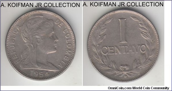 KM-275a, 1954 Colombia centavo, Bogota mint (B mint mark); nickel clad stainless steel, plain edge; lightly toned, little wear but weakly struck.