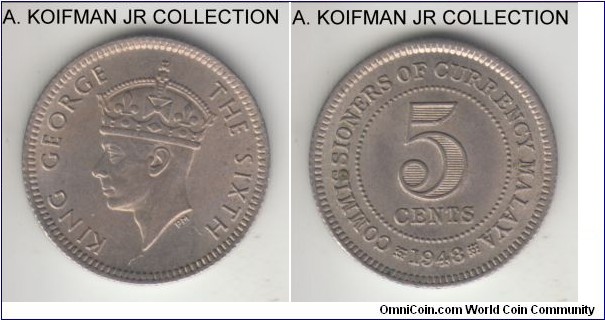 KM-7, 1948 Malaya 5 cents; copper-nickel, reeded edge; George VI issue, average uncirculated, some toning in places.