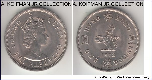 KM-35, 1972 Hong Kong dollar; copper-nickel, reeded edge; Elizabeth II, British possession circulation coinage, common but nice bright uncirculated.