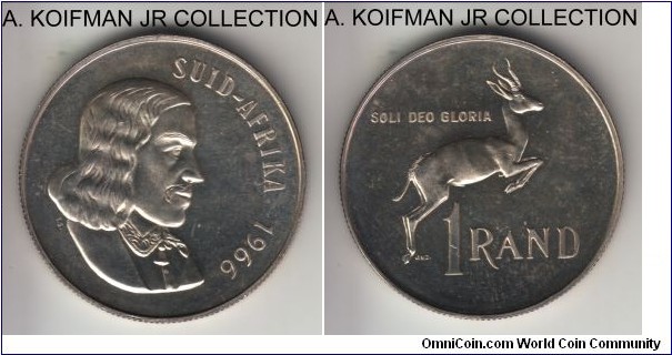 KM-71.2, 1966 South Africa (Republic) rand; proof, silver, reeded edge; early Republican coinnage, SUID AFRICA legend in afrikaans, mintage 25,000 in sets, toned proof.