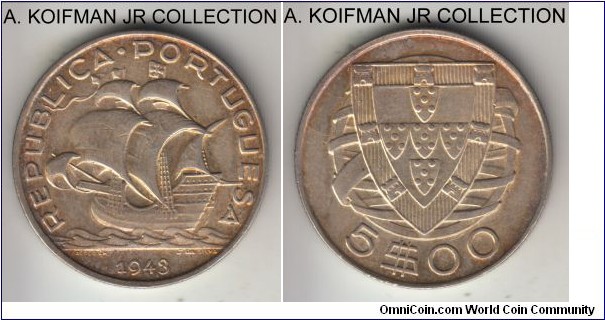 KM-581, 1943 Portugal 5 escudos; silver, reeded edge; scarcer, smaller mintage year, toned about uncirculated.