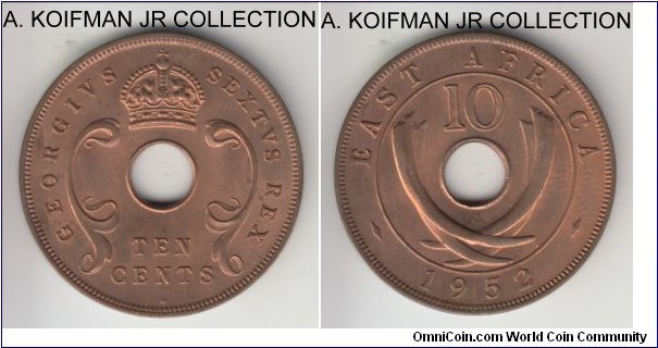 KM-34, 1952 East Africa 10 cents, Heaton mint (H mint mark); bronze, holed flan, plain edge; George VI, scarcer mint, red brown uncirculated.