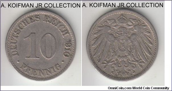 KM-11, 1910 Germany (Empire) 10 pfennig, Berlin mint (A mint mark); copper-nickel, plain edge; Wilhelm II, good very fine detail as the shield on reverse is well detailed.