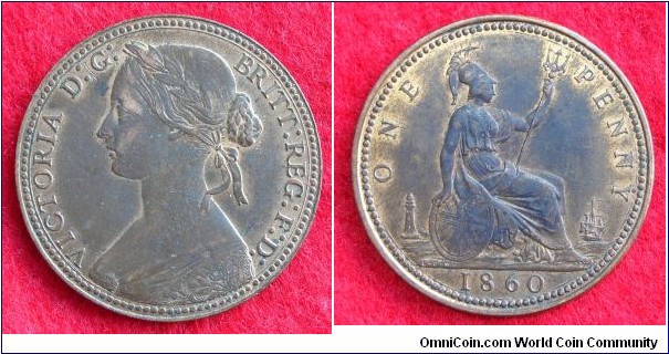 UK Penny 1860. Freeman 001. Obv 1. Rev A. About EF.    [06a20]