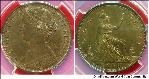 UK Penny. 1868. Freeman 056. Spectacular example. Lovely even lustre and mirror-fields. MS64RB.    [06a20]