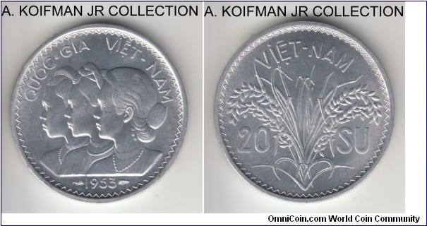 KM-2, 1953 South Vietnam 20 Su, Paris mint; aluminum, plain edge; South Vietnam coinage, bright average uncirculated.