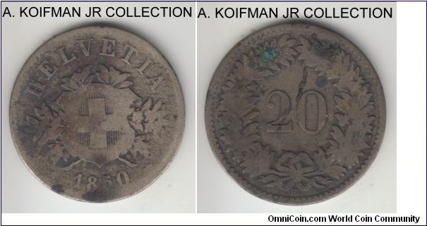 KM-7, 1850 Switzerland 20 rappen, Strasbourg mint (BB mint mark); billon, plain edge; Confederation, well circulated and toned.