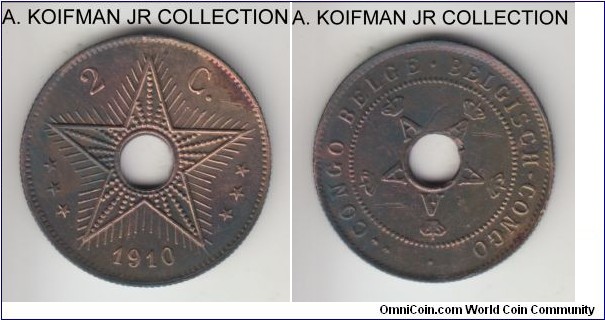 KM-16, 1910 Belgian Congo 2 centimes; copper, reeded edge; good details, almost uncirculated, copper is slightly discolored as comon for copper in tropics.