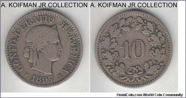 KM-27, 1897 Switzerland 10 rappen; copper-nickel, plain edge; smaller mintage year, fine or almost.