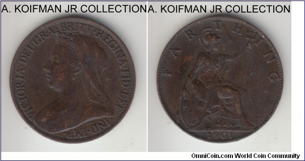 KM-788.2, 1901 Great Britain fathing; bronze, plain edge; Victoria mature head type, blackened at mint, extra fine or so.