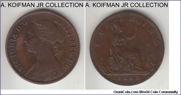 KM-753, 1883 Great Britain farthing (1/4 penny); bronze, plain edge; Victoria , smaller mintage year, decent very fine or almost.