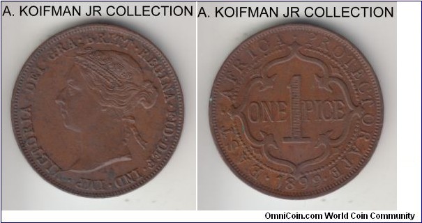 KM-1, 1899 East Africa (Protectorate) pice; bronze, plain edge; Victoria, last of the 3 year type, brown uncirculated.