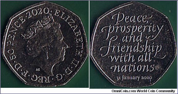 Great Britain 2020 50 Pence.

Brexit.

Remoaners hate this coin's design.

My first coin dated 2020.