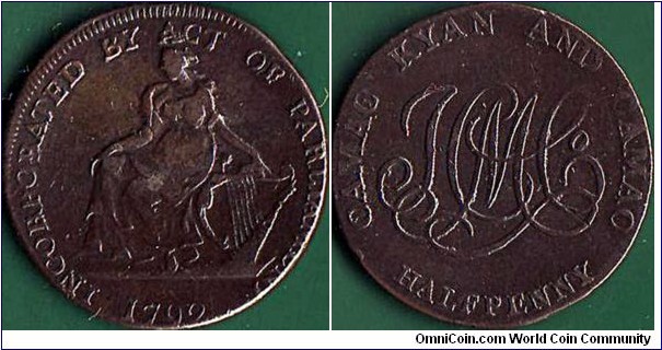 Dublin 1792 1/2 Penny.

Camac Kyan & Camac.

Struck off-centre & misaligned dies.