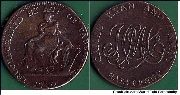 Dublin 1792 1/2 Penny.

Camac Kyan & Camac.

Struck off-centre & misaligned dies.