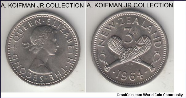 KM-25.2, 1964 New Zealand 3 pence; copper-nickel, plain edge; Elizabeth II, common year, gem bright uncirculated.