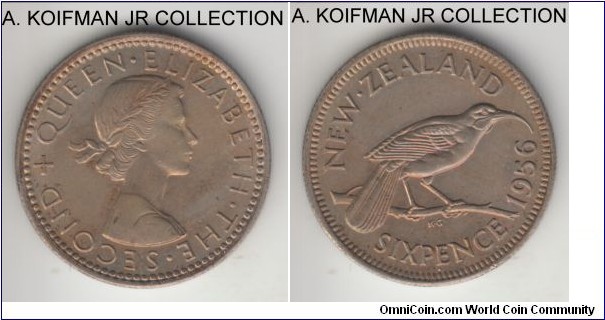 KM-26.2, 1956 New Zealand 6 pence; copper-nickel, reeded edge; Elizabeth II, average uncirculated, some toning in places.