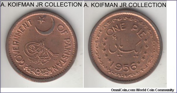 KM-11, 1956 Pakistan pie; bronze, plain edge; second post-independence type, one of the more common years, red brown uncirculated.