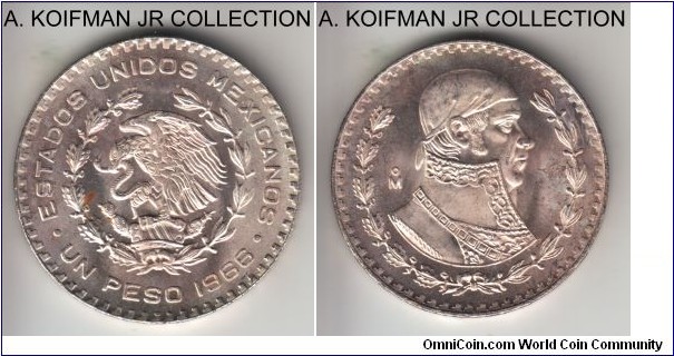 KM-459, 1966 Mexico peso; silver, lettered edge; Morelos debased silver type, bright white uncirculated.