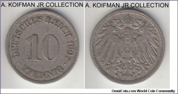 KM-11, 1910 Germany (Empire) 10 pfennig, Berlin mint (A mint mark); copper-nickel, plain edge; Wilhelm II, decent very fine or so.