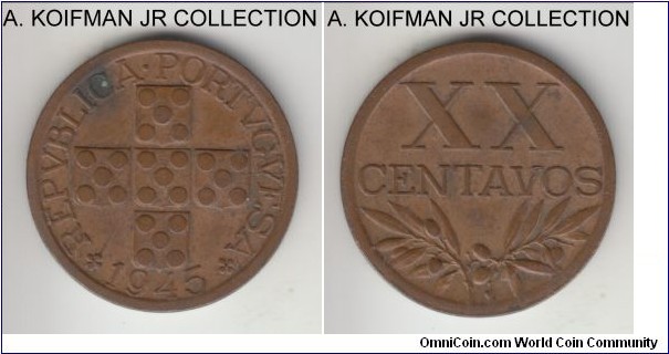 KM-584, 1945 Portugal 20 centabos; bronze, plain edge; early smaller mintage issue of the type, extra fine details, obverse spot.