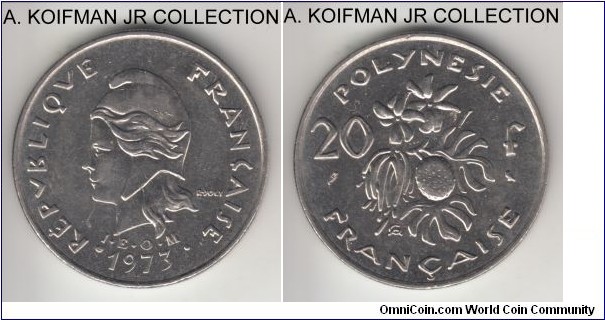 KM-9, 1973 French Polynesia 20 francs, Paris mint; nickel, reeded edge; French overseas territory, average uncirculated.