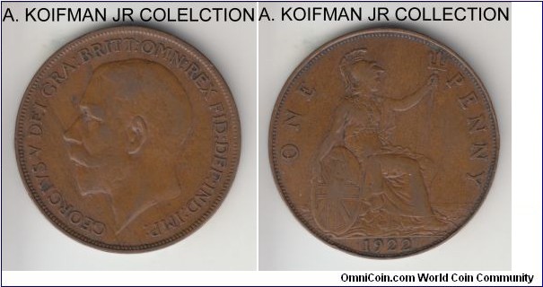 KM-810, 1922 Great Britain penny; bronze, plain edge; George V, smaller mintage year, very fine to good very fine.