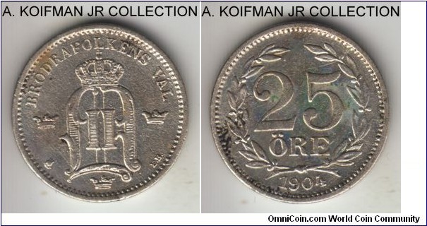KM-739, 1904 Sweden 25 ore; silver, plain edge; Oscar II, smaller mintage year, very fine details, harshly cleaned, some crusting remains.