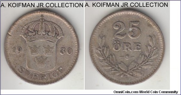 KM-785, 1930 Sweden 25 ore; silver, plain edge; Gustaf V, average circulated.