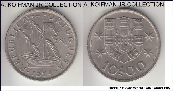 KM-600, 1974 Portugal 10 escudos; copper-nickel, reeded edge; last of the short 4-year run, light toned uncirculated.