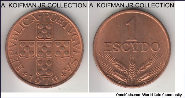 KM-597, 1979 Portugal escudo; bronze, plain edge; late large escudo type, red choice uncirculated.