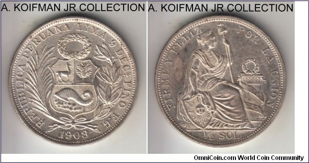 KM-203, 1908 Peru 1/2 sol, LIMA mint (LIMA mint mark), F.G. essayer; silver, reeded edge; 1907/7 variety, usually nice design and detail, key year with mintage of just 30,000, average uncirculated.